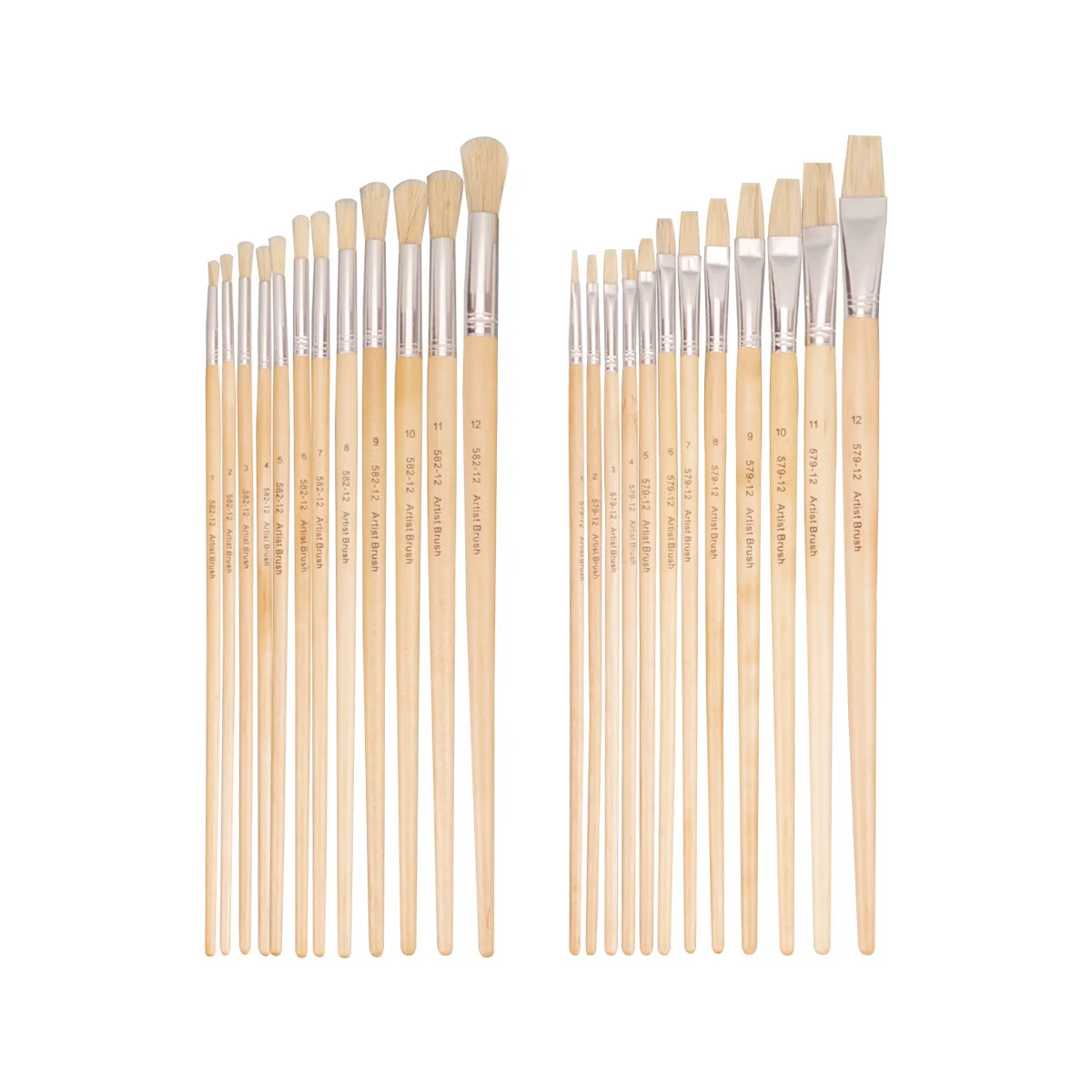 Opeth 12pcs Pig Hair Wooden Rod Brush Set,Professional Art Round Head Brush,Student Flat Head Oil Painting Brush