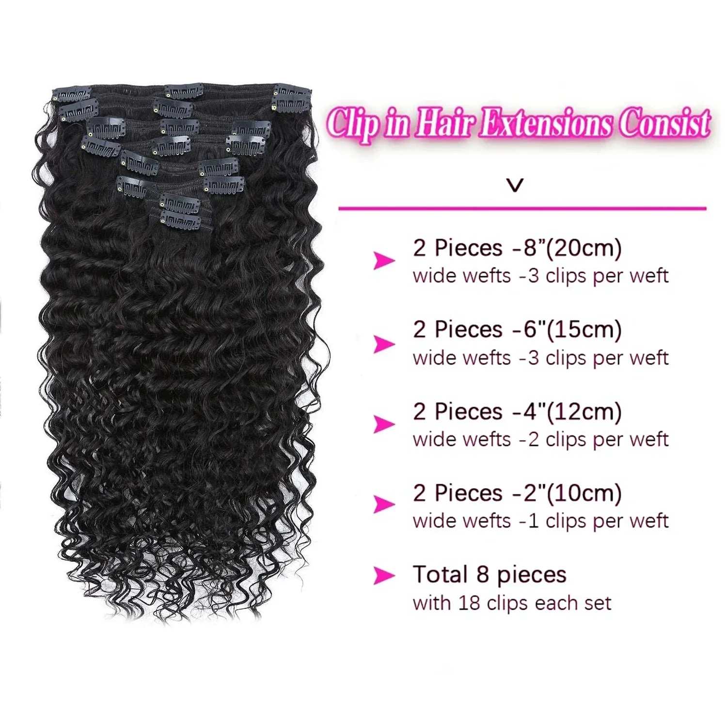 Brazilian Deep Wave Clip In Extensions Human Hair for Women Remy Natural Color
