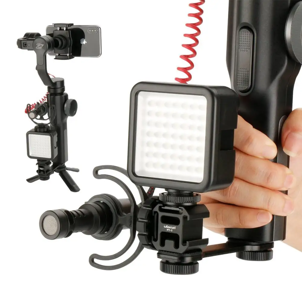 Ulanzi PT-3 Triple Hot Shoe Mounts Microphone Led Video Light Extension Bracket Stand Compatible for Phone Camera Gimbal