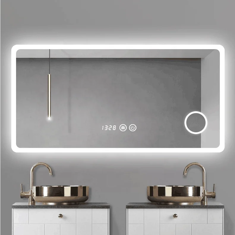 hot sale modern simple style intelligent bathroom ip66 Led mirror with time and temperature
