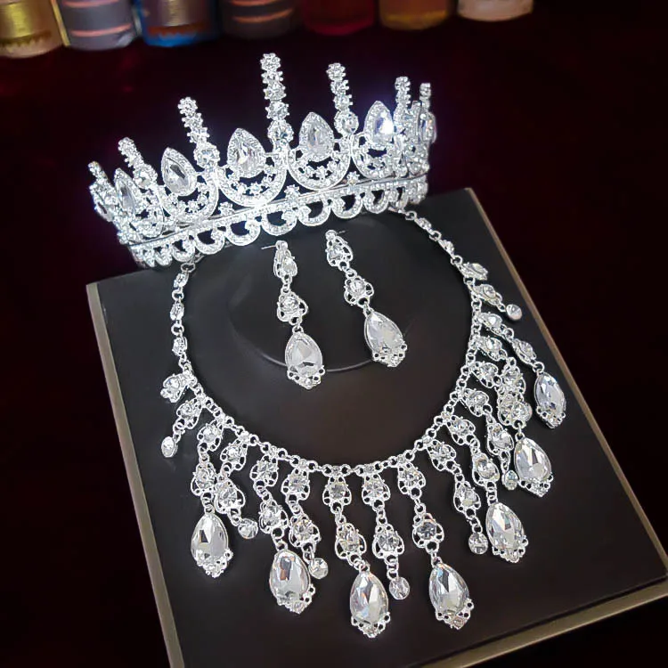 Rhinestones Silver Branch Baroque Tiara Crown Wedding Party Hair Accessories Bridal Hair Jewelry 3pcs set T0011