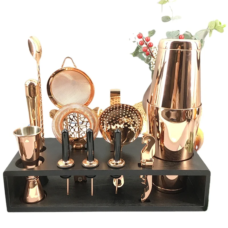 Топ продаж на Amazon, набор Бостонского коктейльного шейкера объемом 750 мл, бамбуковая подставка, ситечко в форме сердца, набор из 14 коктейльных шейкеров из нержавеющей стали