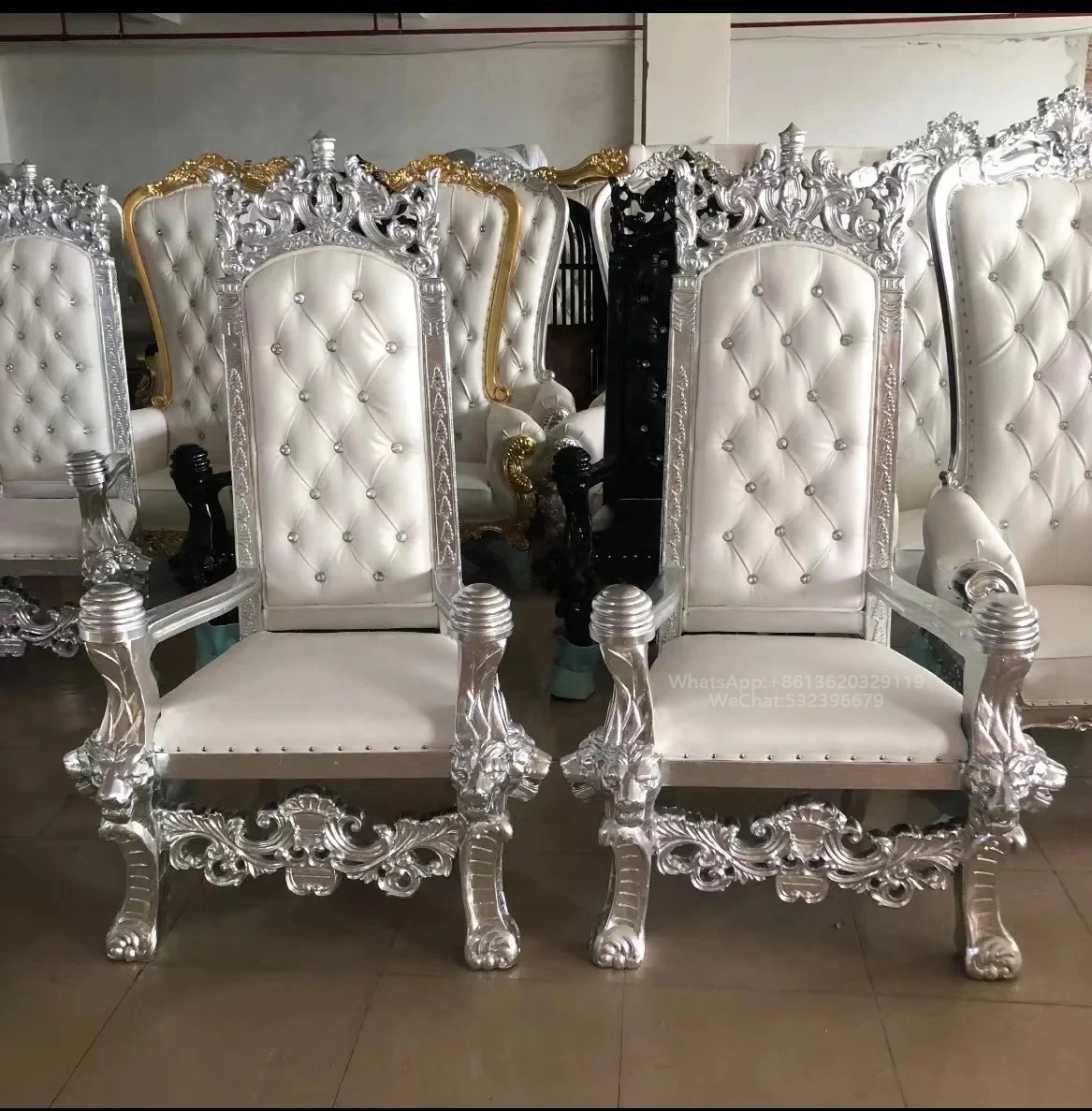 Luxury Antique High Back Throne Chair in Classical Gold/Silver Wood Carving White Leather Hotels Living Rooms Bars Entrances
