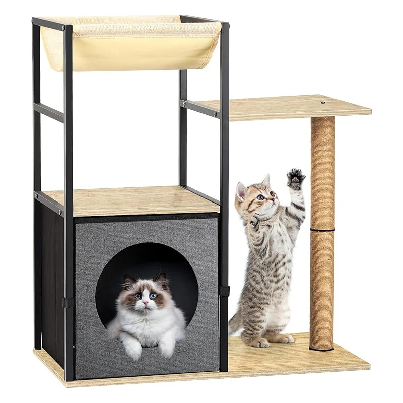 Grey Cat Tree Tower: Indoor Cat Tower with Condo, Hammock, Scratching Post - Perfect for Kittens and Cats