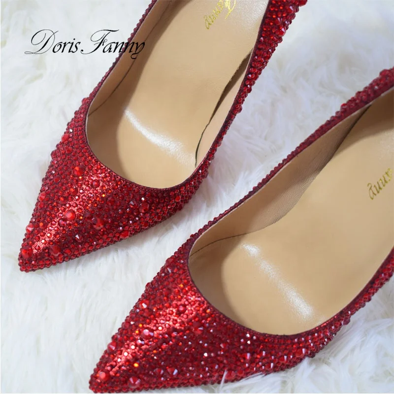 Wholesale Pointed Toe Stiletto Shoes Woman Red Crystals Wedding Shoes Bride Sexy Party High Heels Pumps For Women