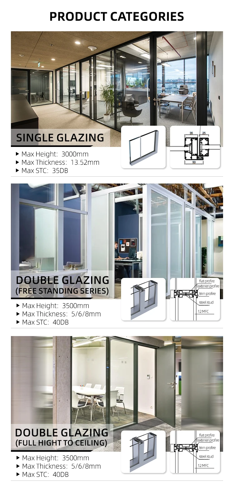 Movable Aluminum Tempered Frame Sound Proof Office Wall Glass Partition For Office Conference