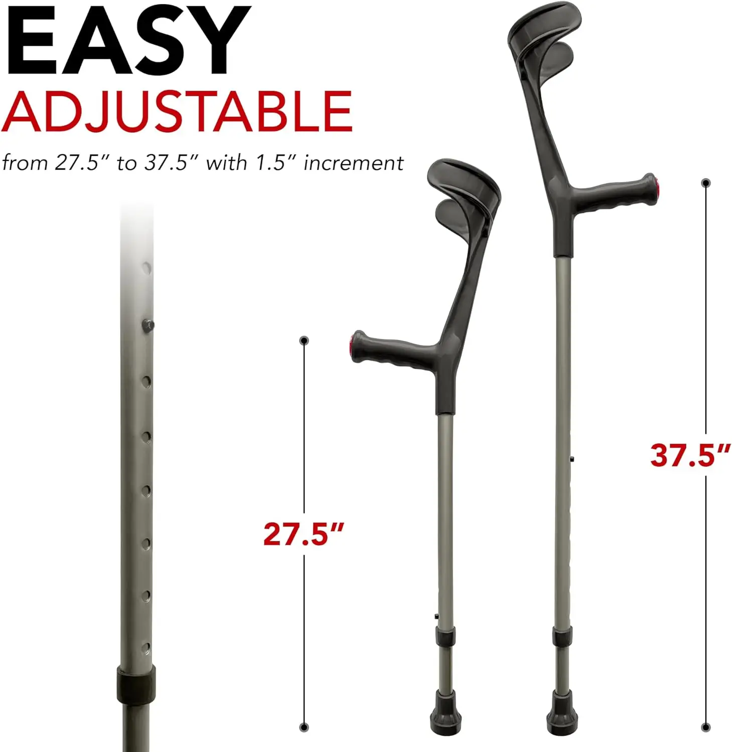 Forearm Crutches for Adults Open Cuff  Handle with Light Reflector Built-in Height Adjustment Clip High Density Sturdy Aluminum