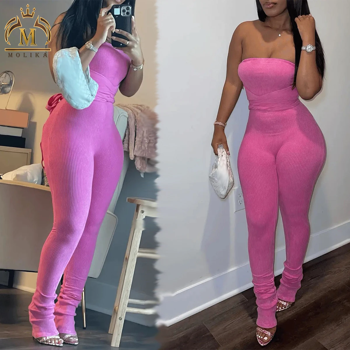 New Arrivals Woman Jumpsuits Ribbed Knit High Waist Strapless  Bandage Bodycon One Piece Jumpsuits Bodysuits Women Rompers
