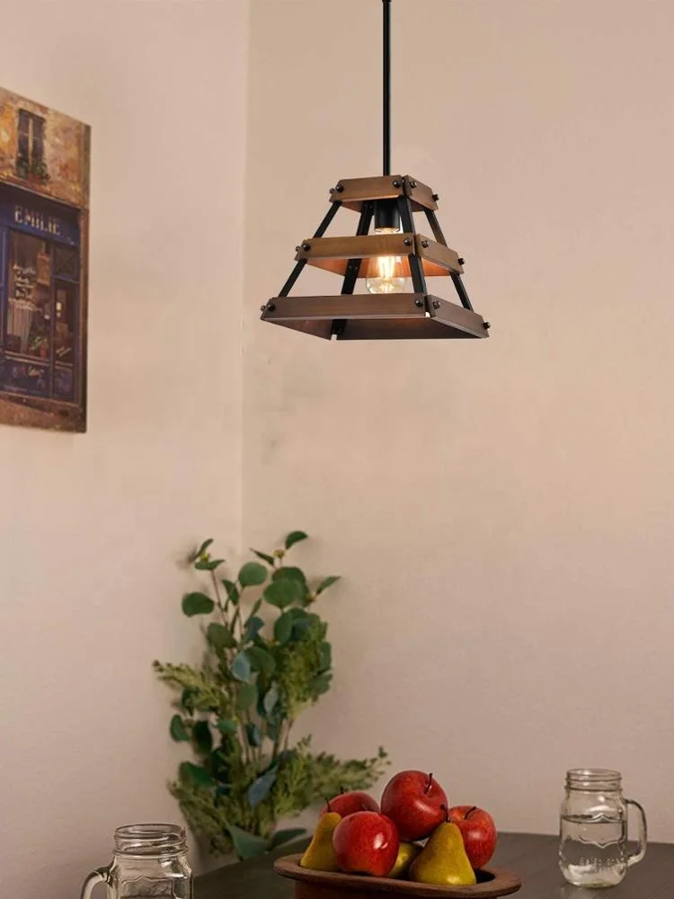 LOG BARN Small Pendant Lighting, 1 Light Chandelier for Foyer in Brushed Silver Metal & Faux Wood Finish,Island Hanging Light