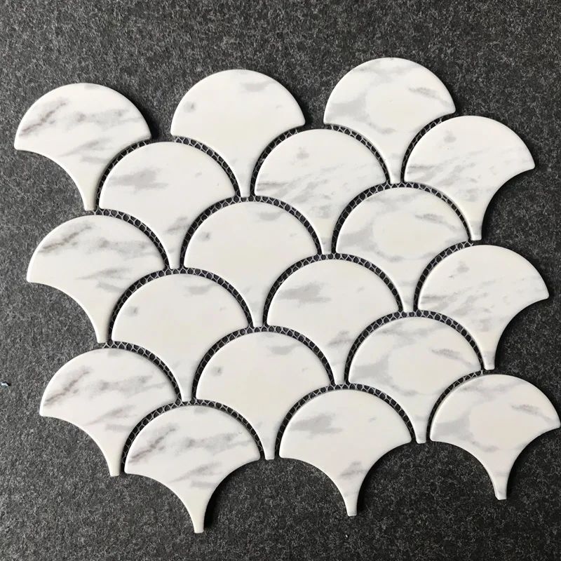 Fashion design white fan mosaic porcelain floor tiles looks like marble