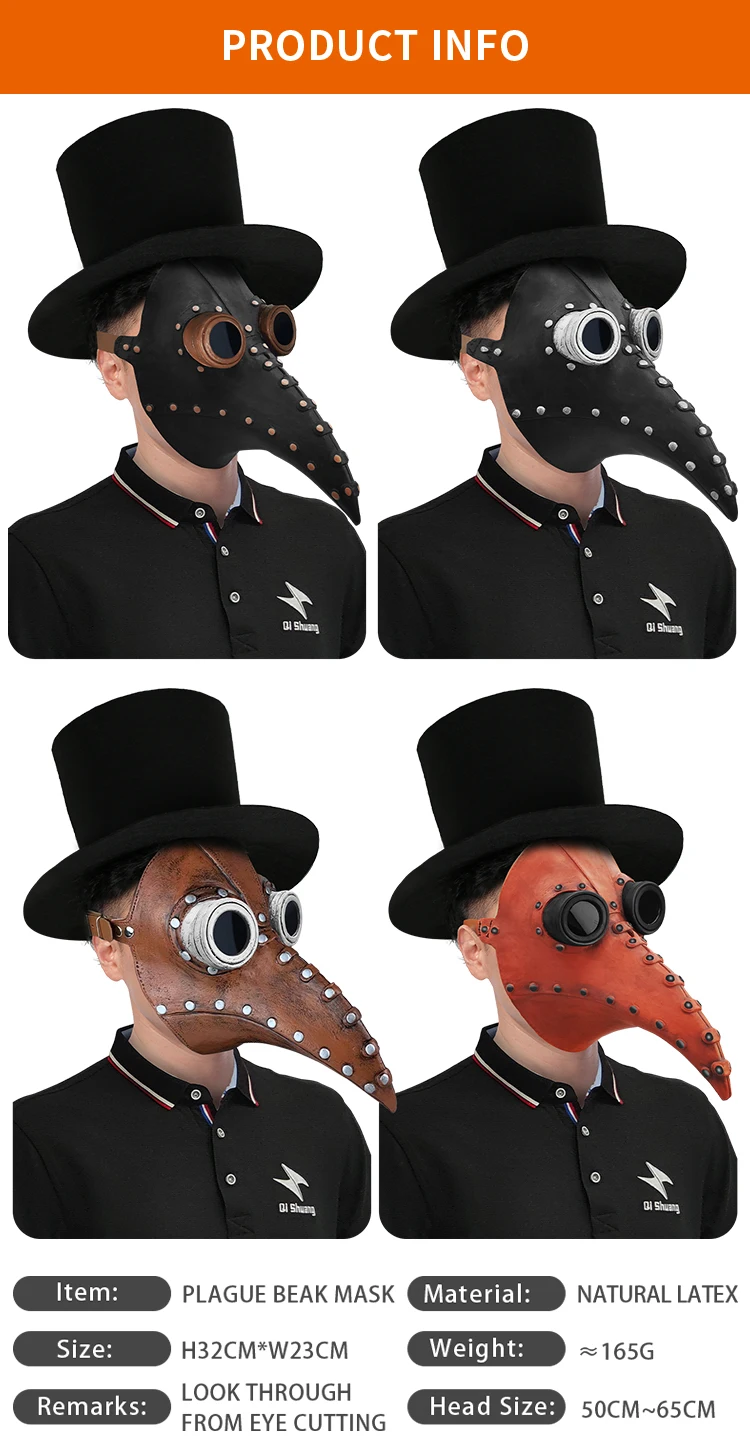 Customs Logo Latex Steampunk Plague Doctor Bird Mask Cosplay Long Nose Halloween Masquerade Costume Props