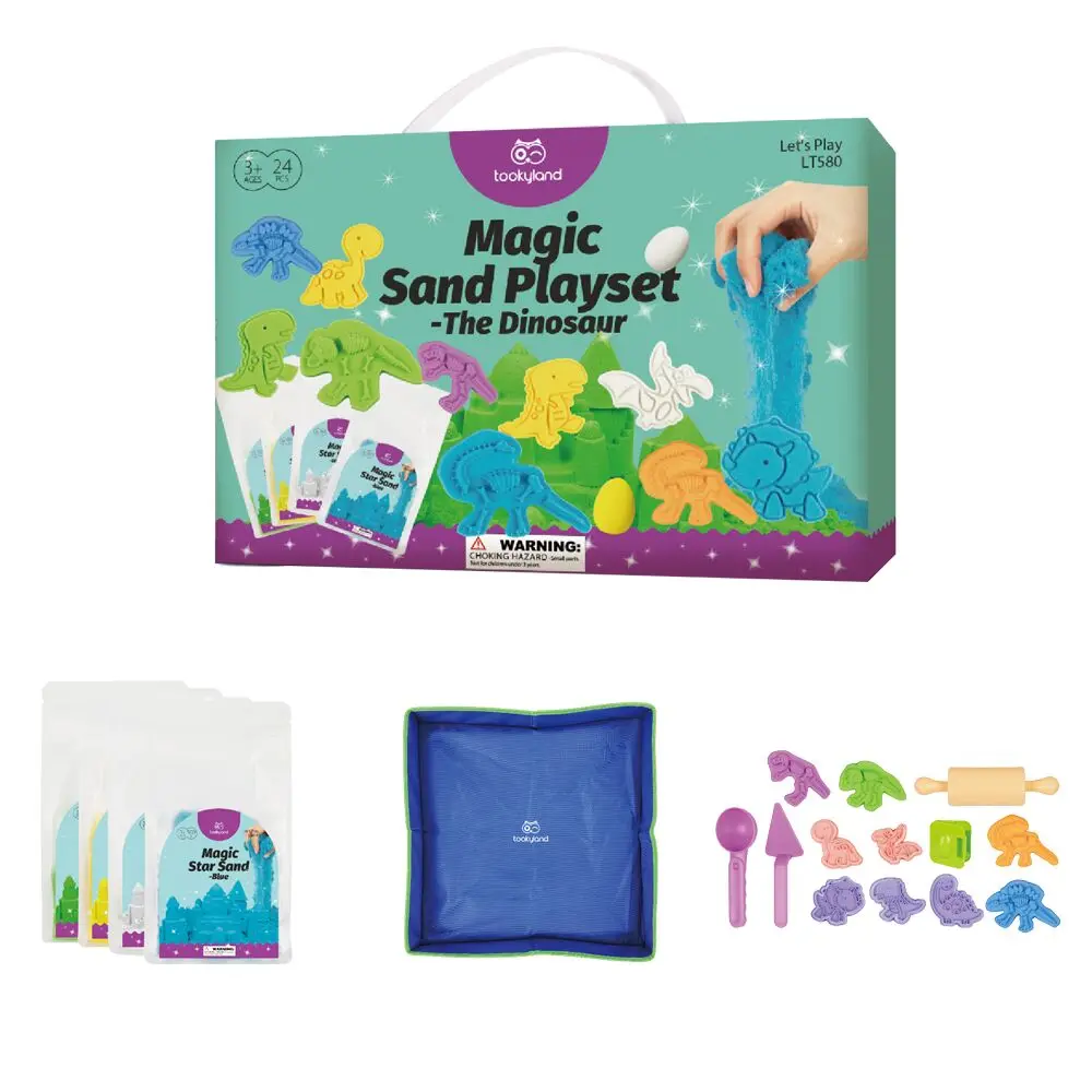Creative Space Magic Sand Play Set for Kids Sensory Toy Beach Sand Kit Dinosaur Mold DIY Arts Crafts