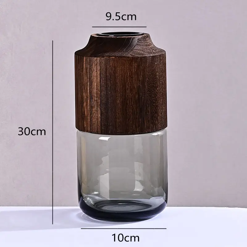 High Quality Rustic Smoked Glass Vase with Premium Wood Top for Centerpieces and Home Decor