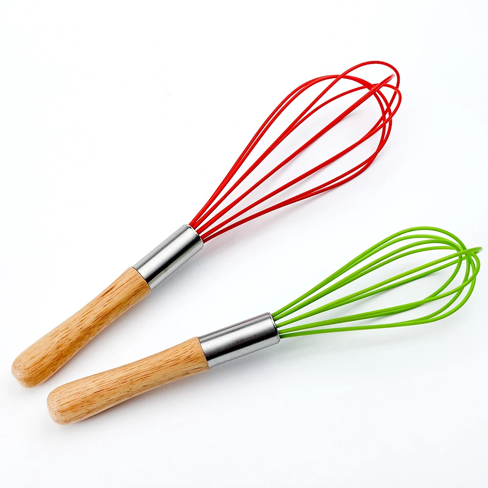 2 Pack Kitchen Silicone Wires Balloon Whisk with Oak Wood Handle Stainless Steel for Baking Cooking Bread Egg Beating Whisking
