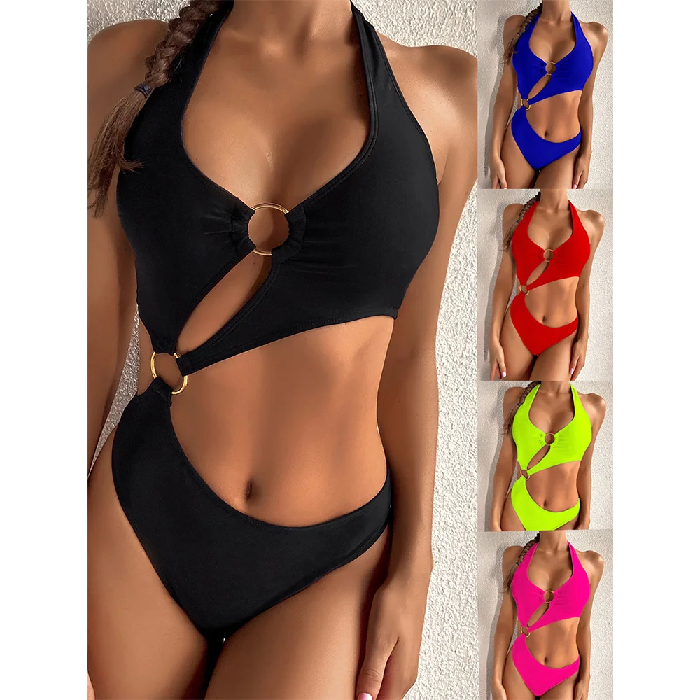 2024 sexy women xxx hot bikini Solid color bandage one-piece swimsuit sexy bikini bikini