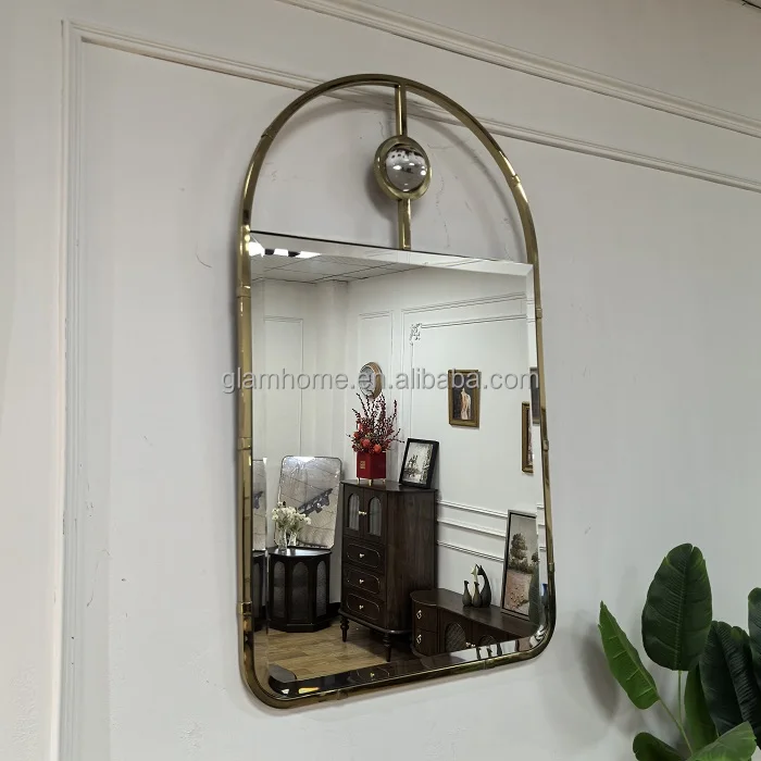 Modern steel metal arched hanging shinny gold frame bedroom stainless steel hemisphere wall mirrors home decor