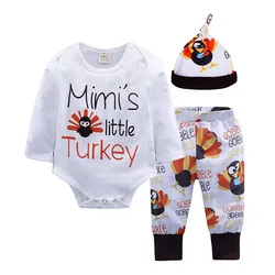 IHJ394 kids clothes set Thanksgiving turkey print romper + hat three-piece baby outfits