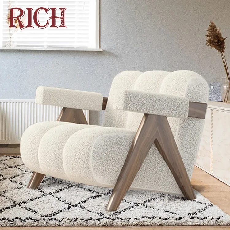 New Design Modern Luxury Living Room Soft Boucle Leisure Teddy Arm Sofa Chair Sherpa Floor Lounge White Sheepskin Accent Chair