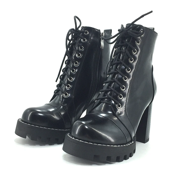 Block Heels Custom Dress Shoes Lace Up Shiny Black Patent Pu Leather Sexy Chunky Heel Platform Clear High Heel Boots