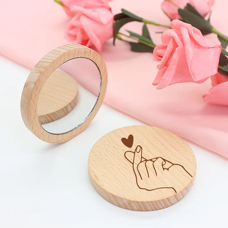 Wholesale Wooden portable makeup mirror female handheld mirror beauty and makeup portable small round mirror
