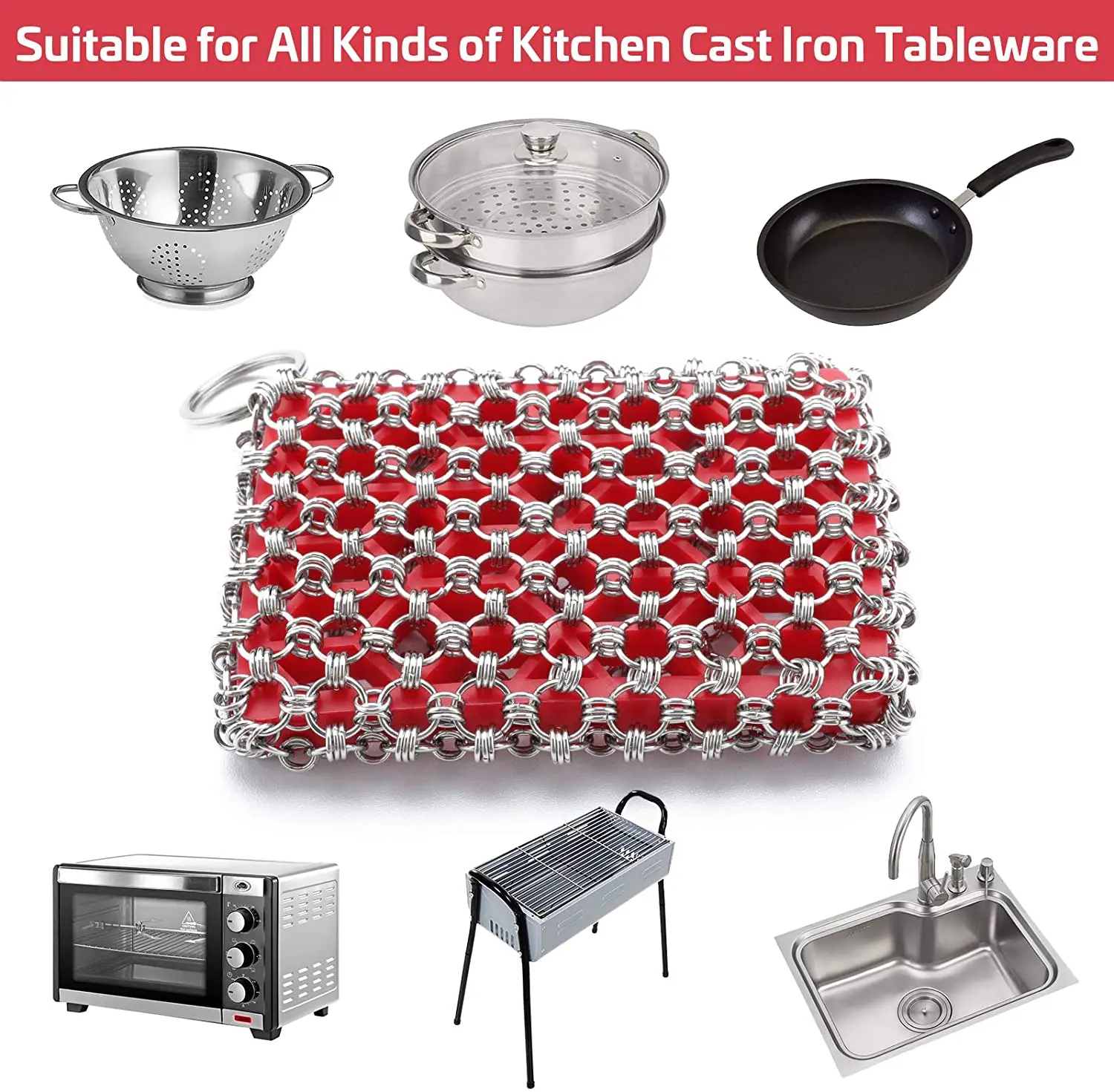 Stainless Steel Kitchen Tool Cleaning Cast Iron with Chain Mail Scrubber With Hollow Silicone Rubber Pad