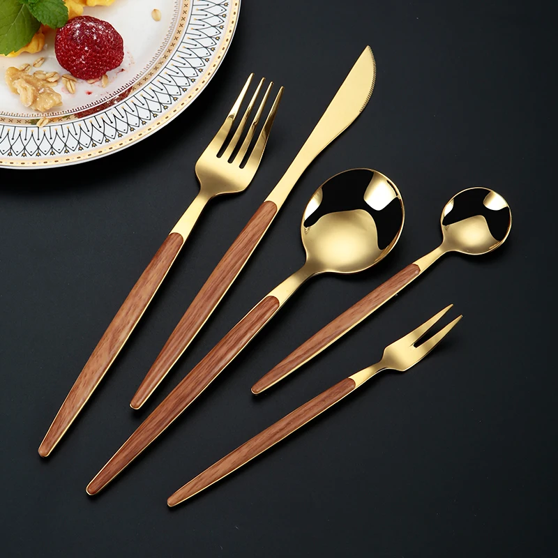 5pcs Stainless Steel Wooden Handle Cutlery Set Dinnerware Clamp Western Tableware Knife Fork Tea Spoon