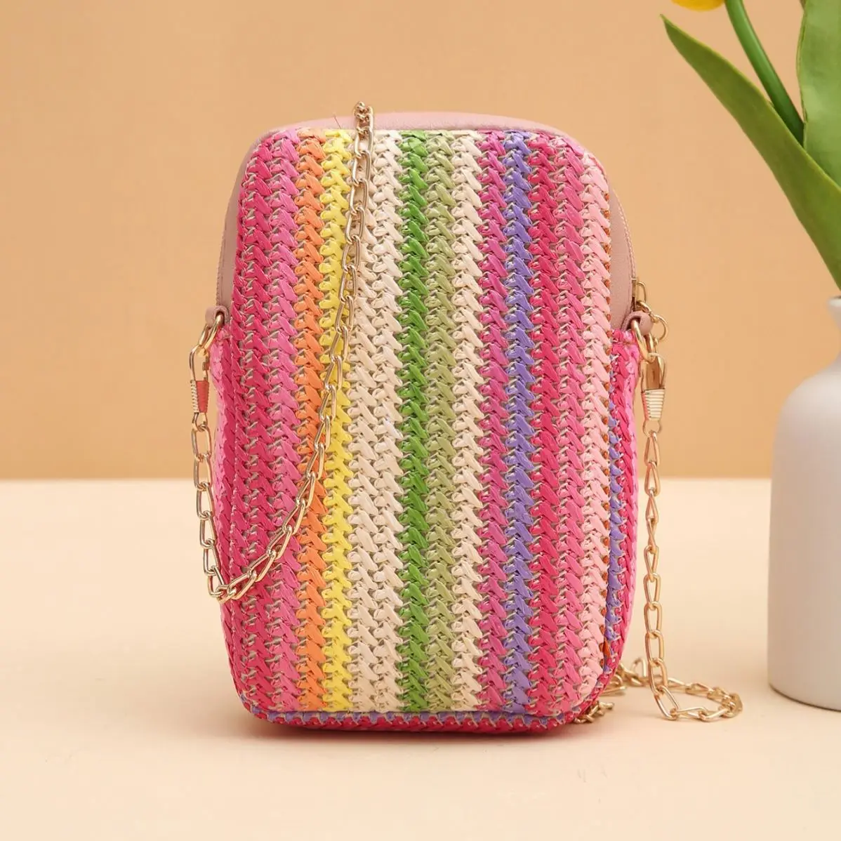 All Girls Crossbody Rainbow Color Straw Bag 2024Girl Handbags Woven Mobile Phone Bag