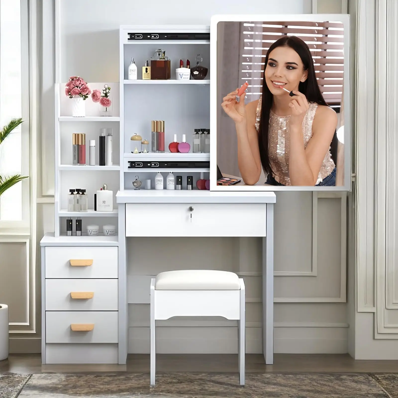 modern wooden dressing table with mirror makeup vanity with light charging station 3 drawers and cabinets for bedroom