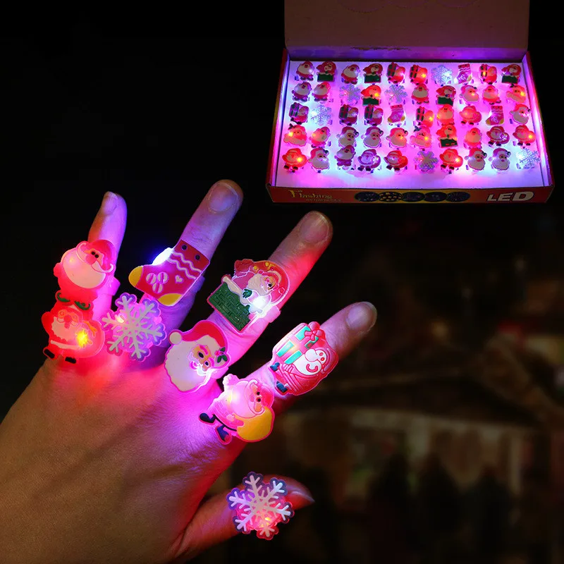 bulk sale 50pcs box kids children girls toys flashing gift Christmas led cartoon ring party even glow led plastic rings