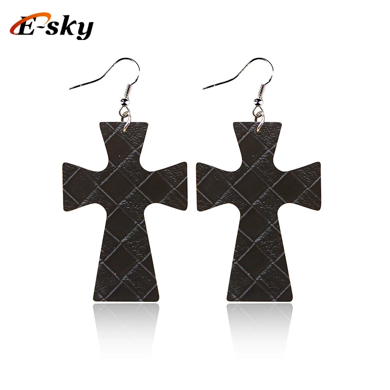 Exotic Cross Earrings Women Lychee Pattern Cork Wood Plaid Weave Pattern Leather Earrings