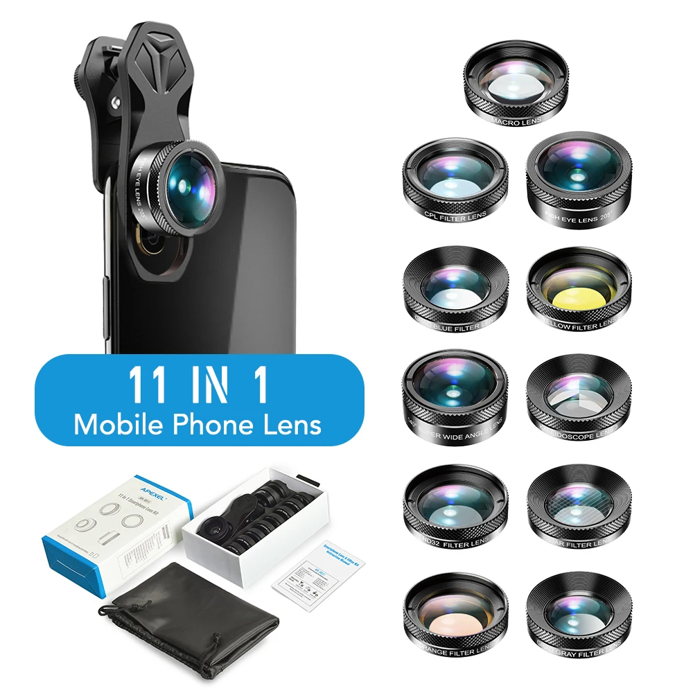 Apexel New 11 in 1 filter mobile camera lens kit, wide angle/ Macro/ Fisheye/ CPL/ ND/ star/kaleidoscope