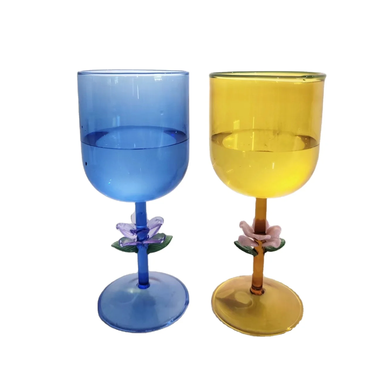 Factory Price Hand Blow Creative Glass Goblet Crystal Red Wine Cups with 3D Flower Stem Vintage Wine Glasses Blue Glass Goblet
