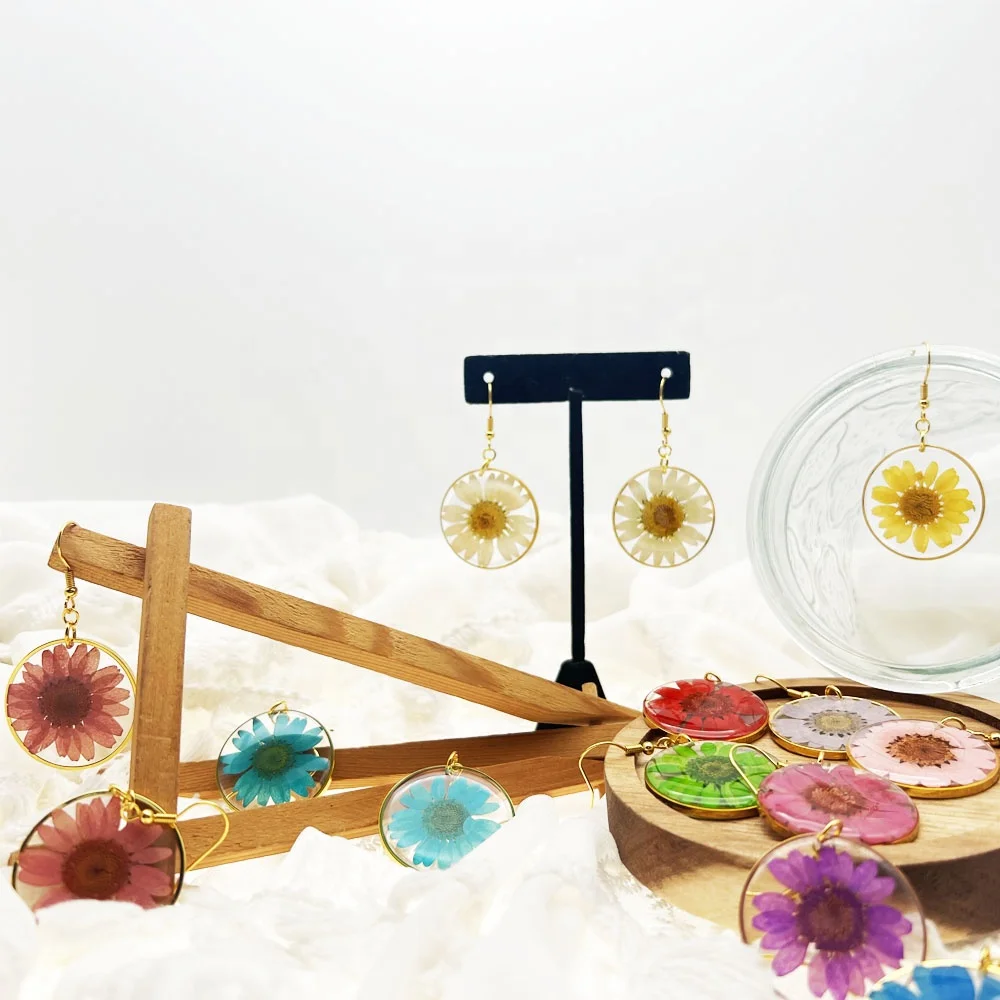 Fashion Gold Filled handmade Bohemian Resin Dried birth month Flowers daisy Stainless Steel Earrings hook For Party
