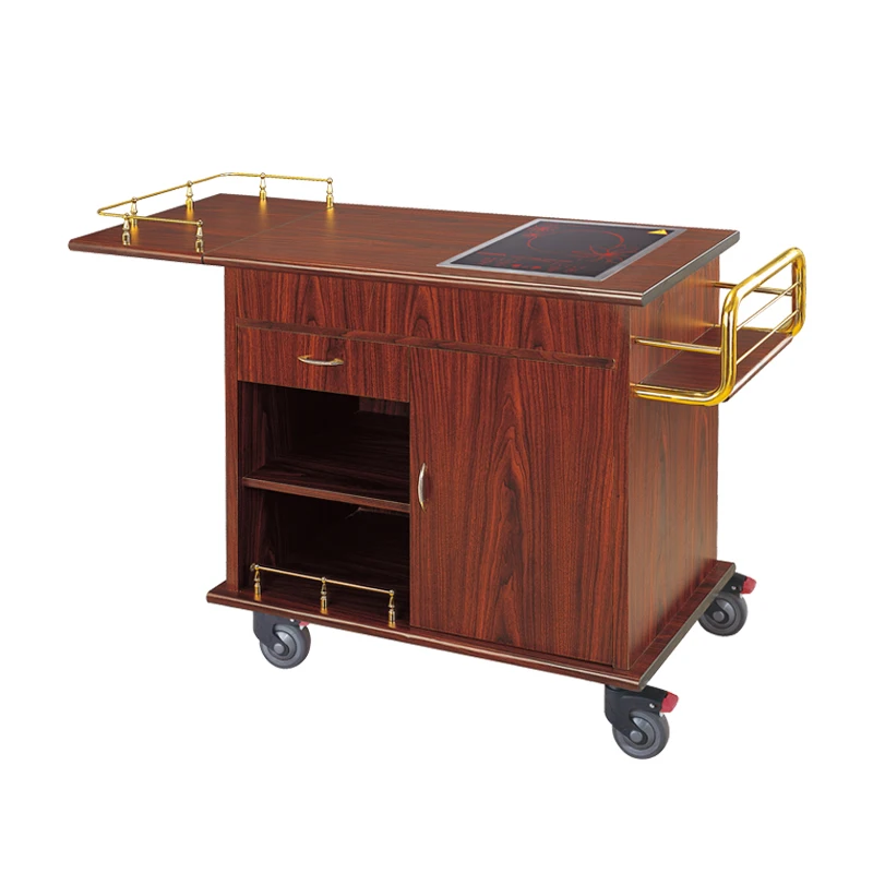 Luxury Dining Trolley Service Flambe Cart with Induction Cooker Serving Cooking Cart