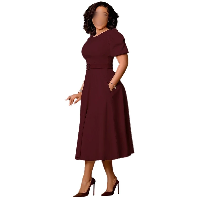 L35 Ladies Office Dresses Women Formal Work O-neck Puff Sleeve Wrap Waist A-line Ruched Dress Elegant Casual Dresses With Belt
