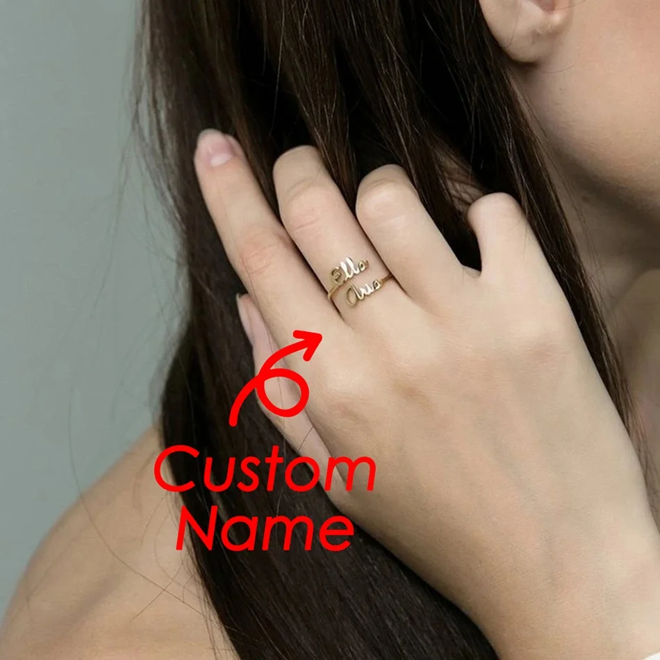 Women Stainless Steel Gold Plated Custom Personalized Name Open Letter Jewelry Adjustable Ring