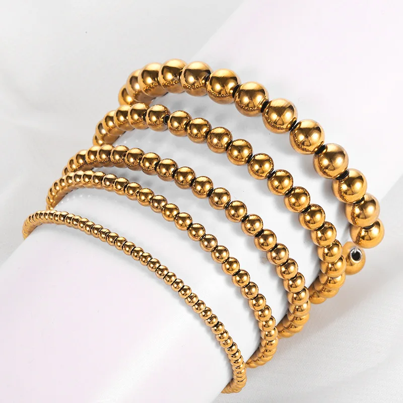 Elastic String Non-Tarnish 18 K Real Gold Ball 2MM 2.5 MM 3 MM to 10MM Minimalist Beaded Stretch Bracelet for Women