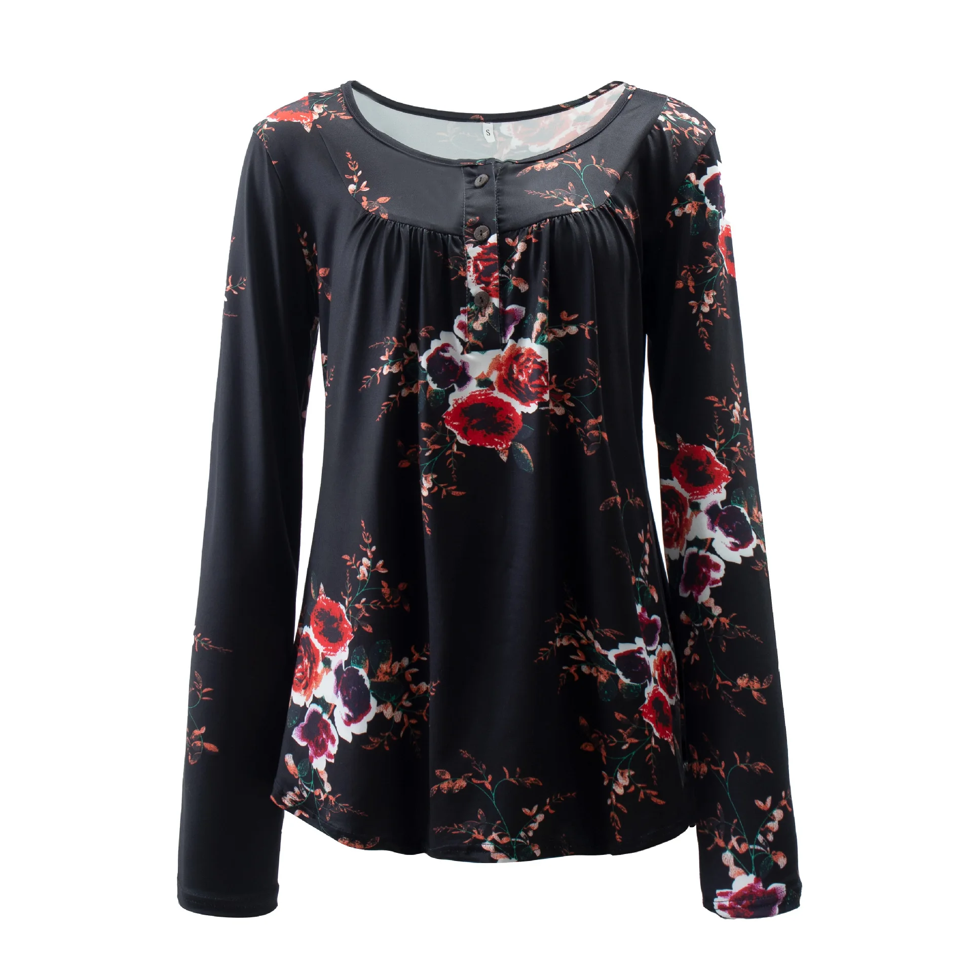 Amazon supplier OMJ OEM plus size casual floral print long sleeves shirts front buttons placket women blouse t shirt
