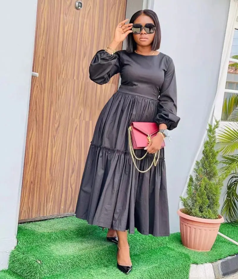 Wholesale Clothing New Casual Elegant Puff Sleeve High Waist Long Sleeve Maxi Pleat Dress with Cloth Belt