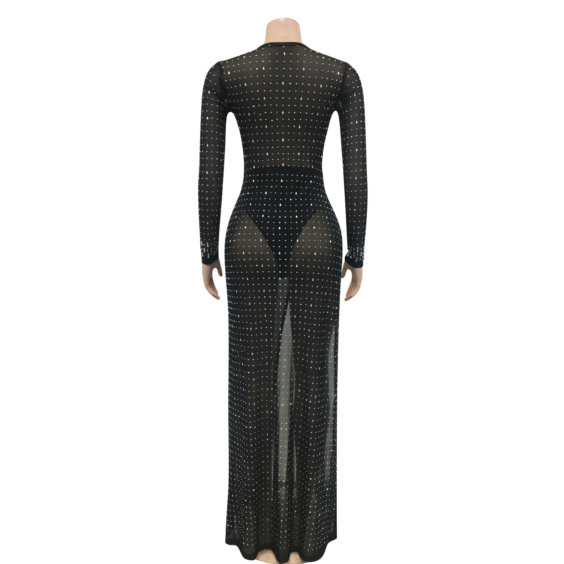 H9531 - High Quality trending new fashion long sleeve rhinestones women split dress club wear