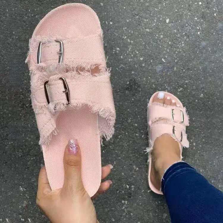 European Casual Double Buckle Tassel Clogs Slides Women Sandals Canvas Summer Cork Birken Slippers