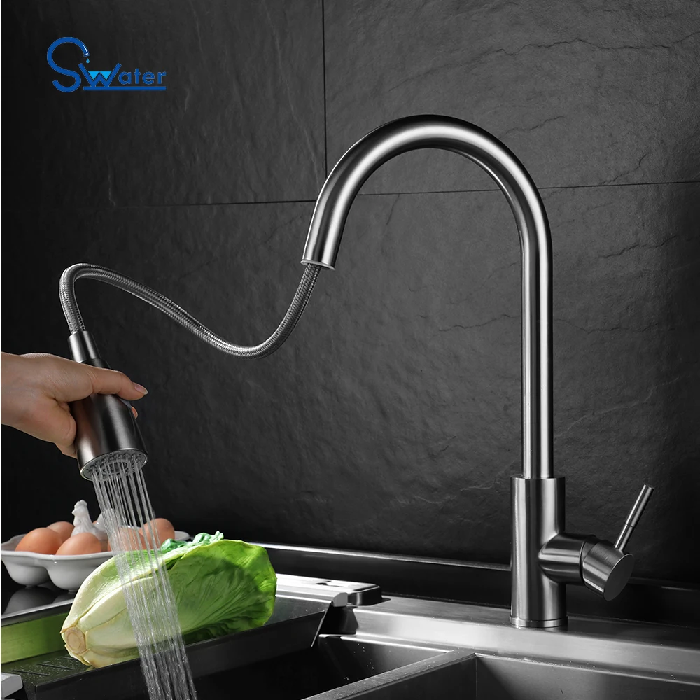 
Modern 304 Stainless Steel Hot Cold Single Handle Brushed Nickel Pull Down Kitchen Faucet For Sink 