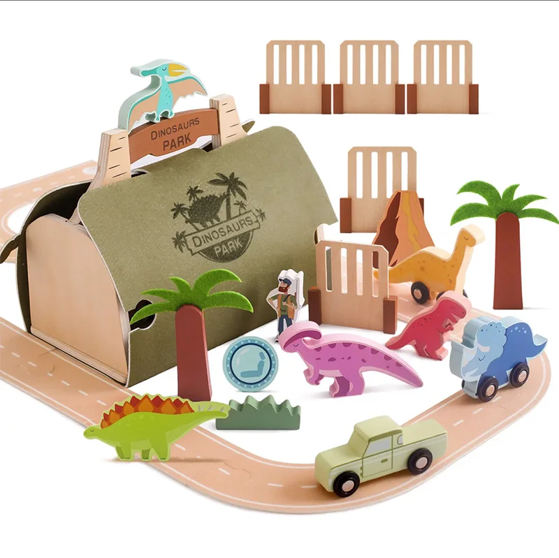 Unisex Role play Woolen multi-function Dinosaurs theme toy new designed pretend play set felt house Barn Wooden traffic track