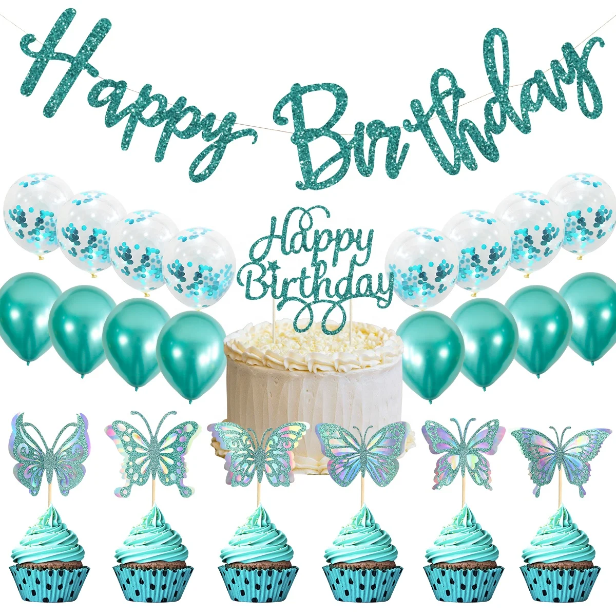 Green Butterfly Birthday Party Supplies, Happy Birthday Banner Cupcake Topper Latex Balloon Party Decorations  for Girls.