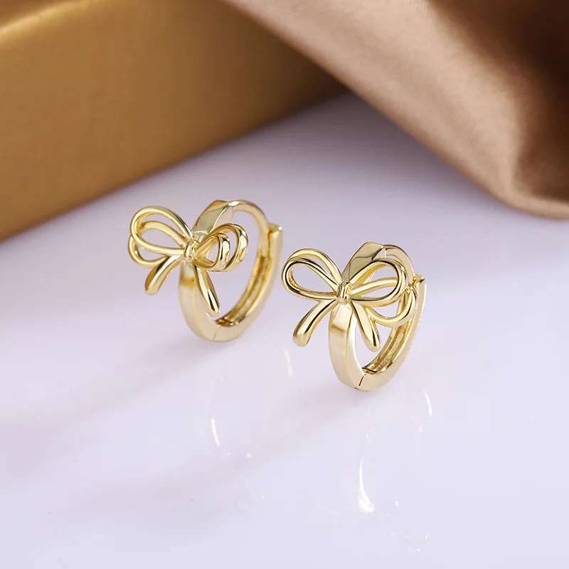 Korean Jewelry Wholesale - Copper Small Ribbon Bowknot Bow Huggie Hoops Earrings for Women Cute Gold Ribbon Bowknot Hoop Earring