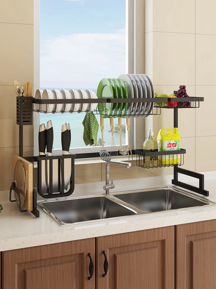 High Quality Over The Sink 2 Tier Stainless Steel Folding Dish Drying Rack Dish Bowl Cups Spoon Storage Rack Kitchen Storage