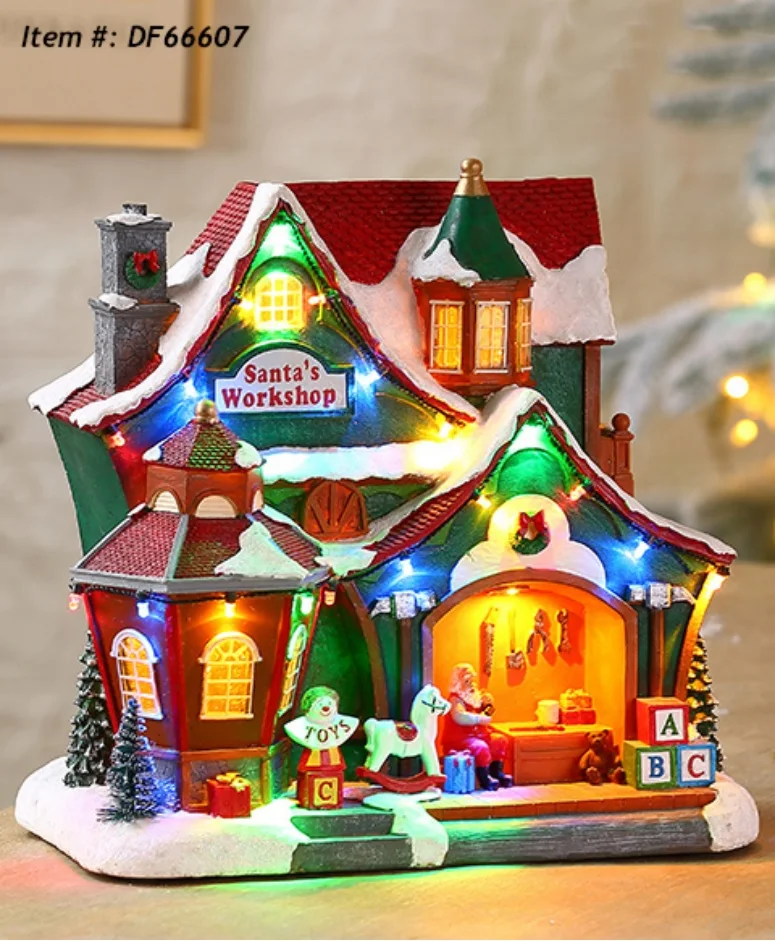 Lighted House Christmas Village Winter Houses with Led Light Christmas Figurines Christmas Winter Scene w Moving Seesaw & Music
