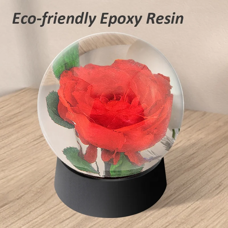 resin natural real preserved red rose dried flowers decorative resin flower globe ball with black base Christmas eternity roses