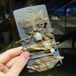 BELLEGIRL Custom fashion gold plated leaf butterfly hair pins accessories metal duck bill starfish eye hair clips set for women