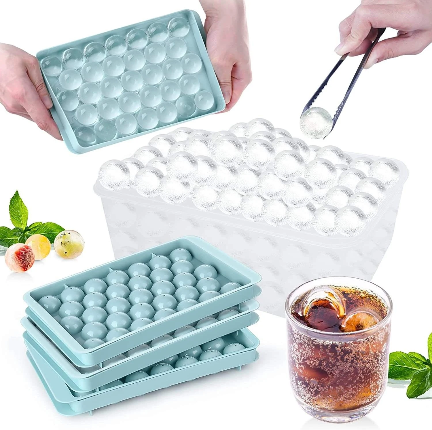 Amazon TOP Seller BPA Free Ice Ball Maker Mold Plastic Mini Round Ice Cube Tray With Lid Bin and Scoop